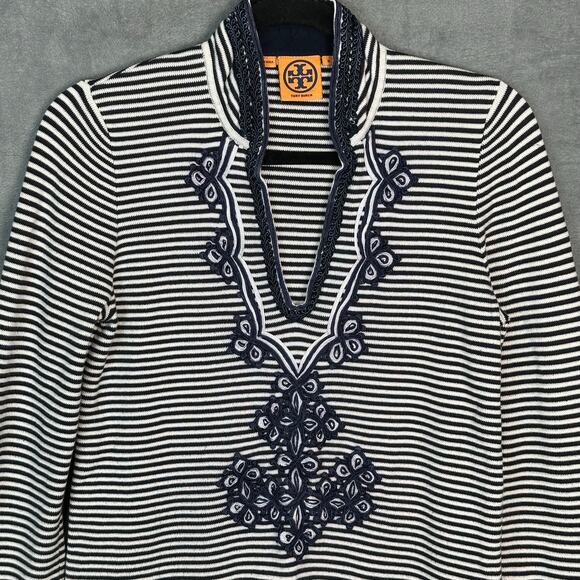 Tory Burch Sweater Womens Medium Navy Striped Embroidered Nautical Coastal Tunic - Picture 2 of 16